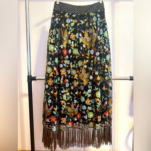 Alice+Olivia Kamryn Floral Fringe Embroidered Metallic Silk Size 8 Maxi Skirt